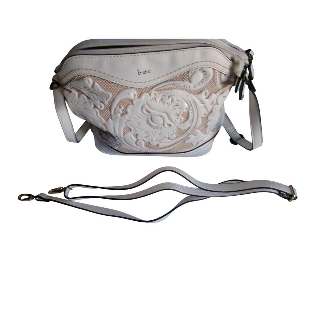 B.O.C Born Concept White Tooled Floral Crossbody Bucket Bag Boho